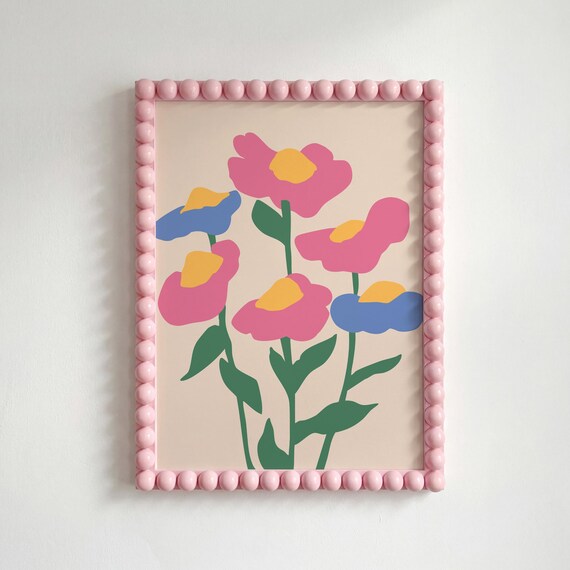 Bright Pink Blue Abstract Botanical Poppy Flowers Art Poster