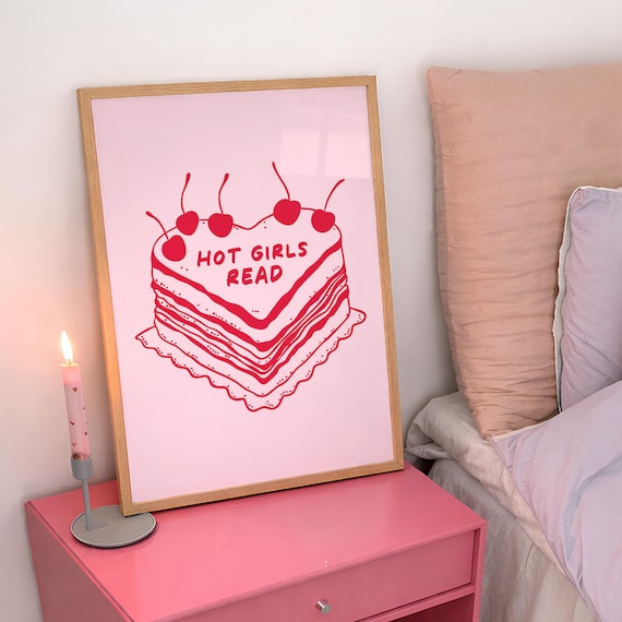 Hot Girls Read Heart Cake Cherry Red Book Lover Line Art Poster