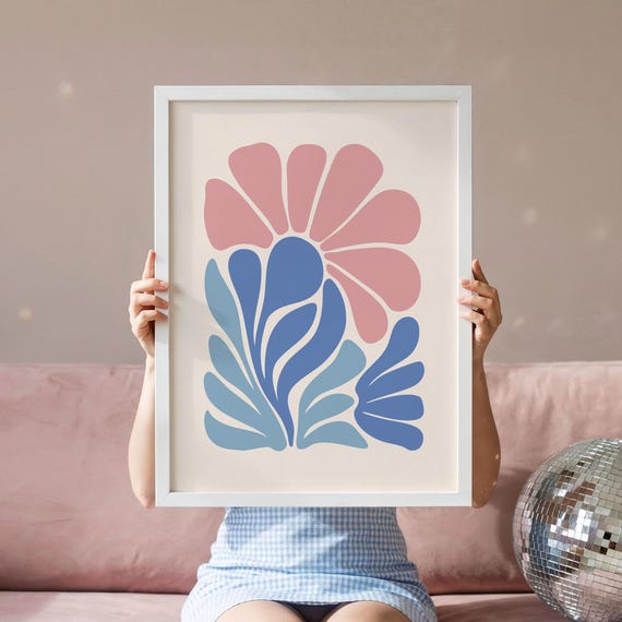 Pink Blue Abstract Botanical Print Danish Pastel Decor Boho Floral Poster Digital Download