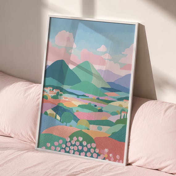 Pastel Mountain Landscape Poster Fluffy Pink Clouds And Flowers Wall Art Digital Download