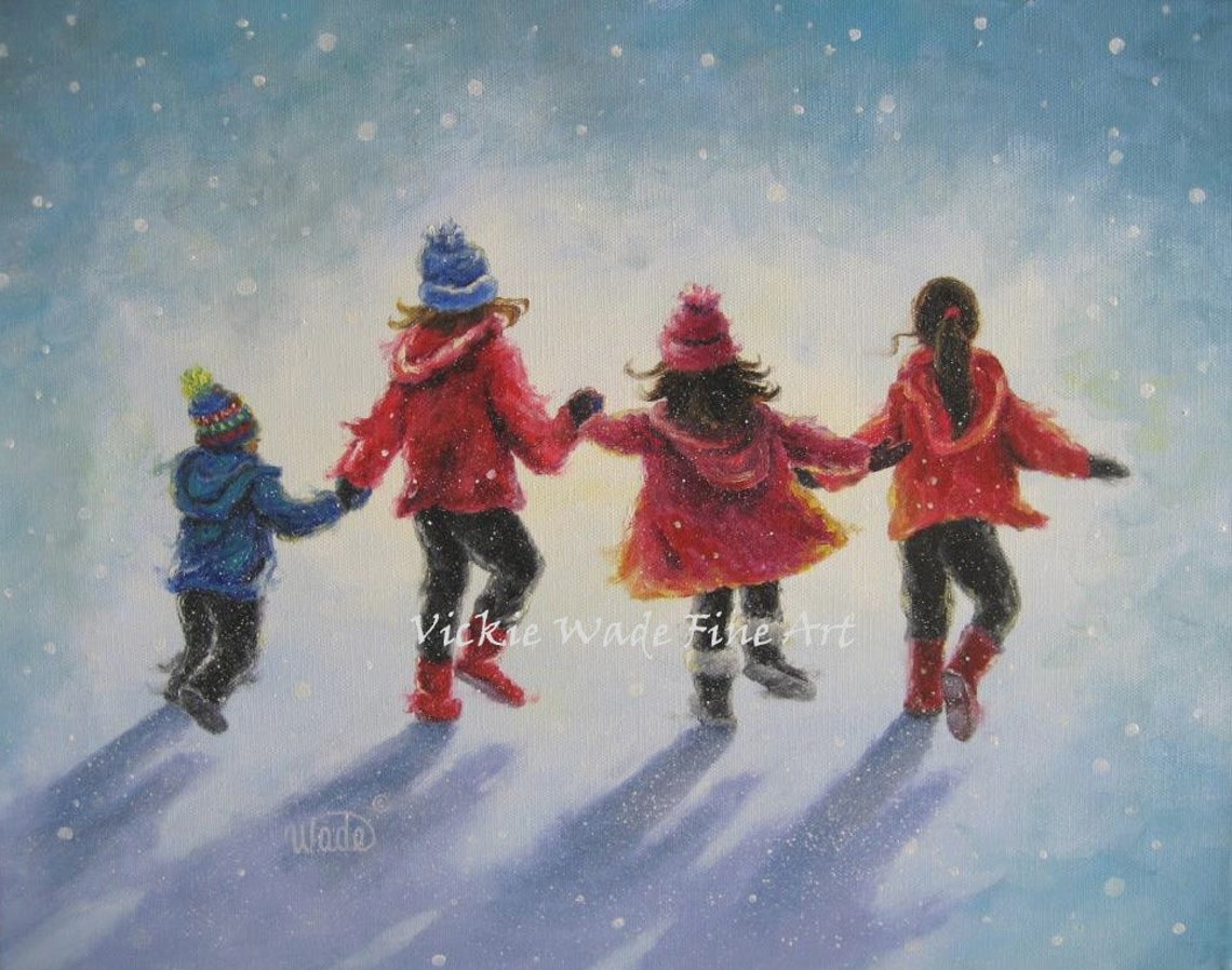 Four Children Original Painting 14x18 Three Sisters And Brother Three Girls And Boy Snow Children Four Kids Winter Wall Art Vickie Wade