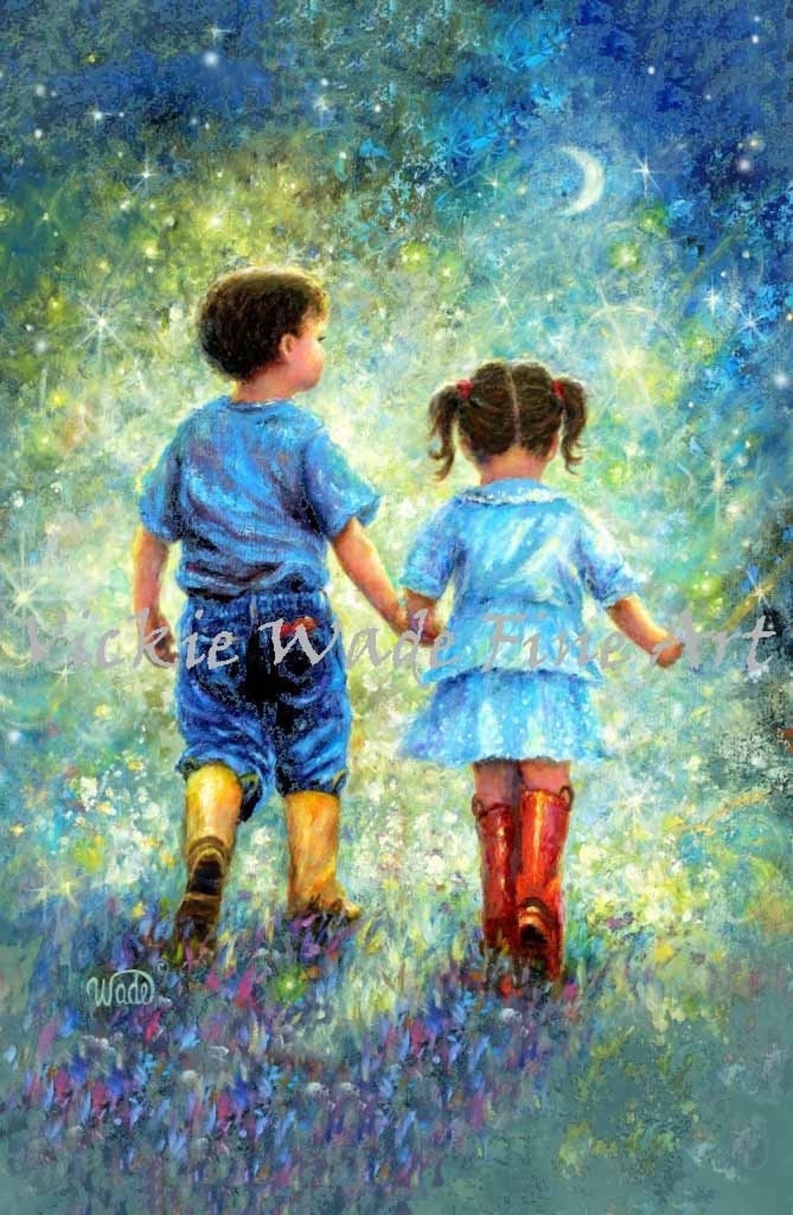 Brother Sister Art Print Big Brother Little Sister Holding Hands Moon Stars Starry Night Boy Girl Black Boy Blond Girl Vickie Wade Art