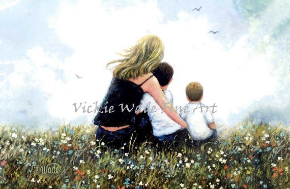 Mother And Two Sons Hugging Art Print Blond Mom Two Brothers Two Boys Sitting In Meadow Monarch Butterflies Vickie Wade Fine Art
