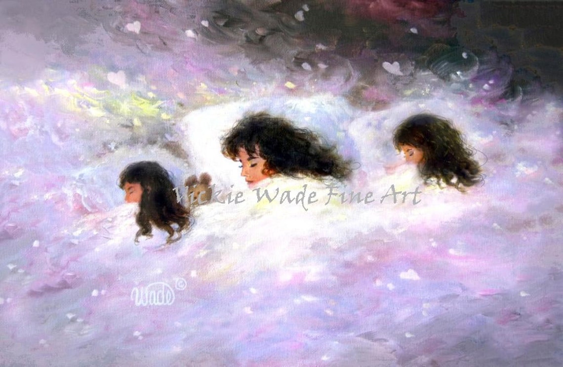 Mother Napping with Two Daughters in a Dreamy Pastel Cloud Poster