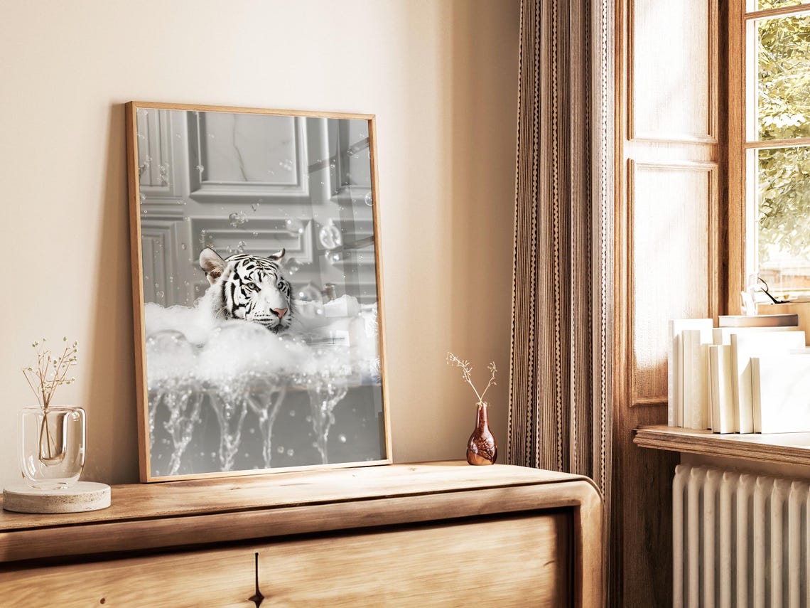 White Tiger Face In A Splashing Bubble Bath Close Up Funny Poster - Image 2