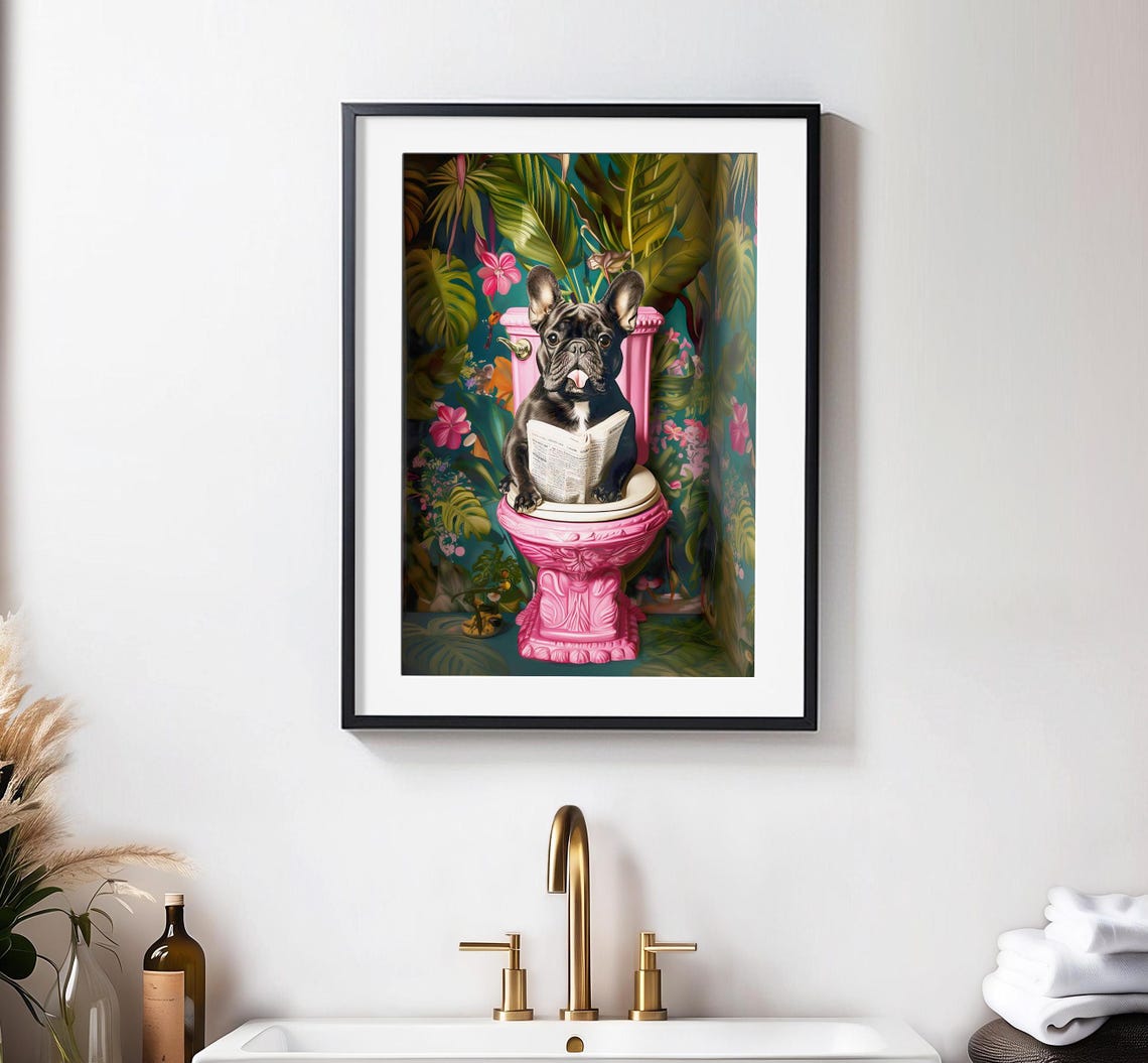 Bathroom Black French Bulldog Reading On Toilet Print Funny Dog Print Toilet Wall Art Bathroom Wall Art Funny Bathroom Decor Dog On Toilet - Image 5