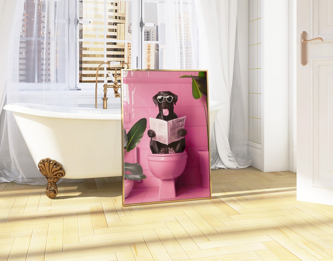 Black Labrador Reading Newspaper Pink Bathroom Funny Dog Poster - Image 4