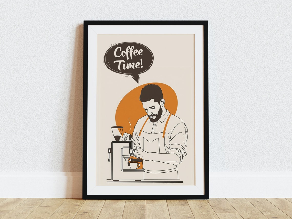 Coffee Time Bearded Barista Espresso Machine Line Art Poster - Image 2