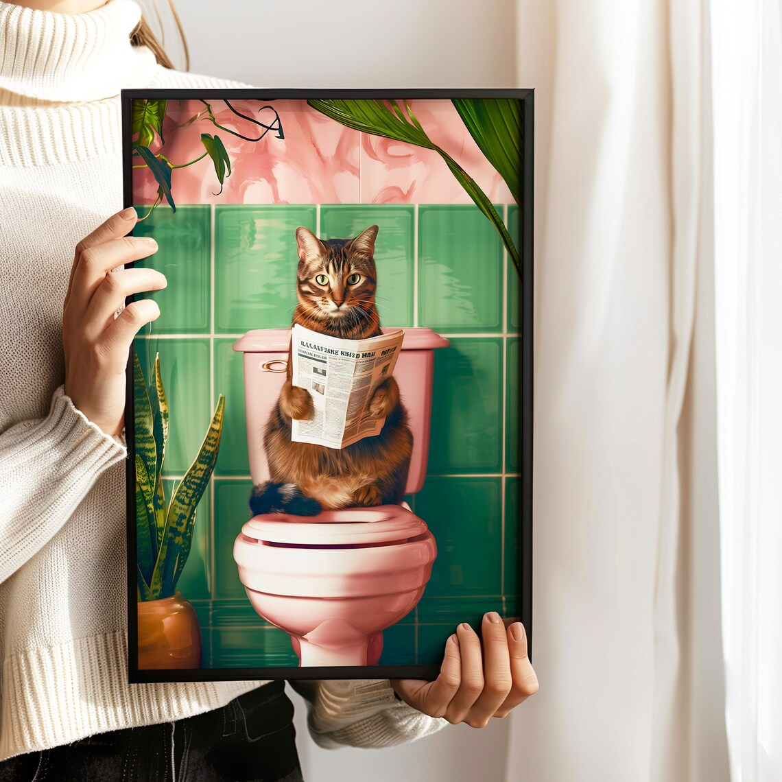 Domestic Shorthair Cat Reading On Toilet Funny Bathroom Poster - Image 2