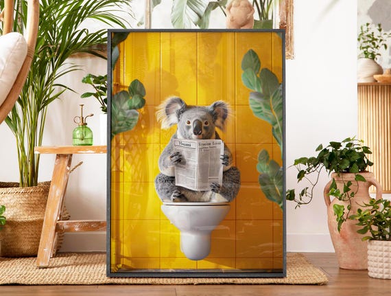 Koala Reading Newspaper On Toilet Yellow Tile Bathroom Poster