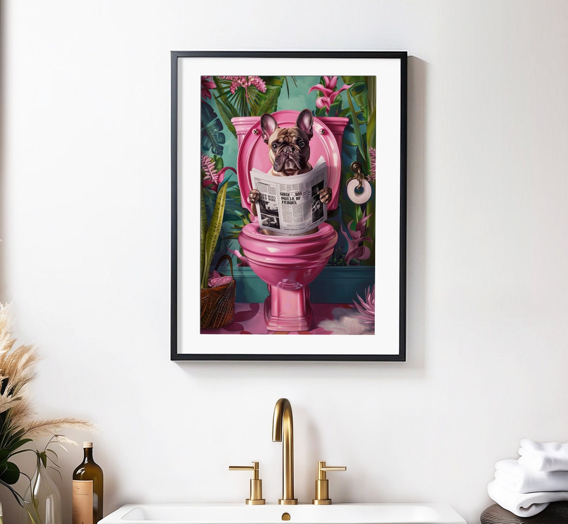 Cream French Bulldog Reading On Toilet Print Funny Dog Poster Toilet Wall Art Bathroom Wall Art French Bulldog Prints Bathroom Wall Decor - Image 4