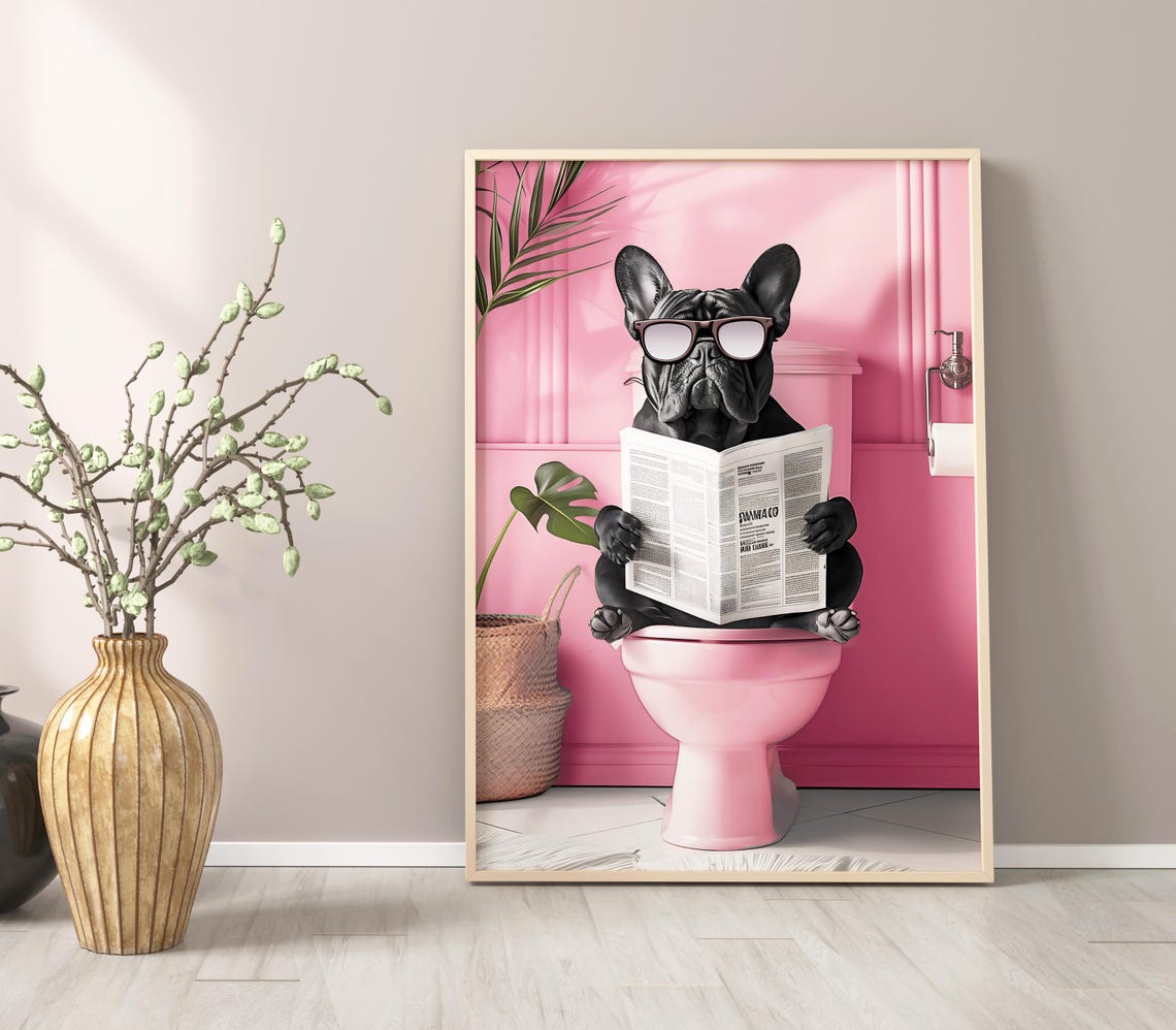 Bathroom Blue French Bulldog Reading On Toilet Print Funny Bathroom Decor Toilet Wall Art Funny Dog Print Bathroom Wall Art Dog On Toilet - Image 3