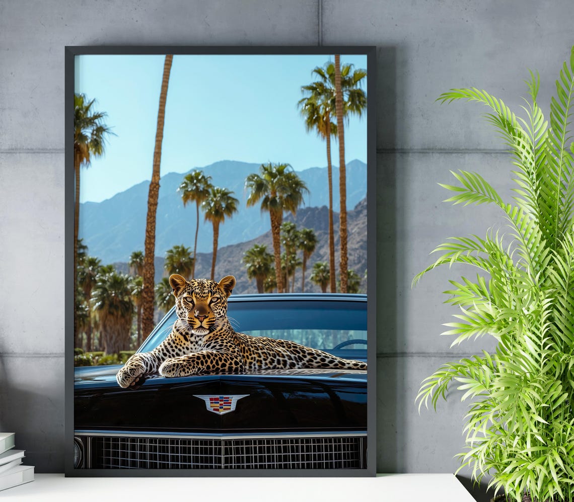 Leopard Lounging On A Black Cadillac With Tall Palm Trees Poster - Image 4