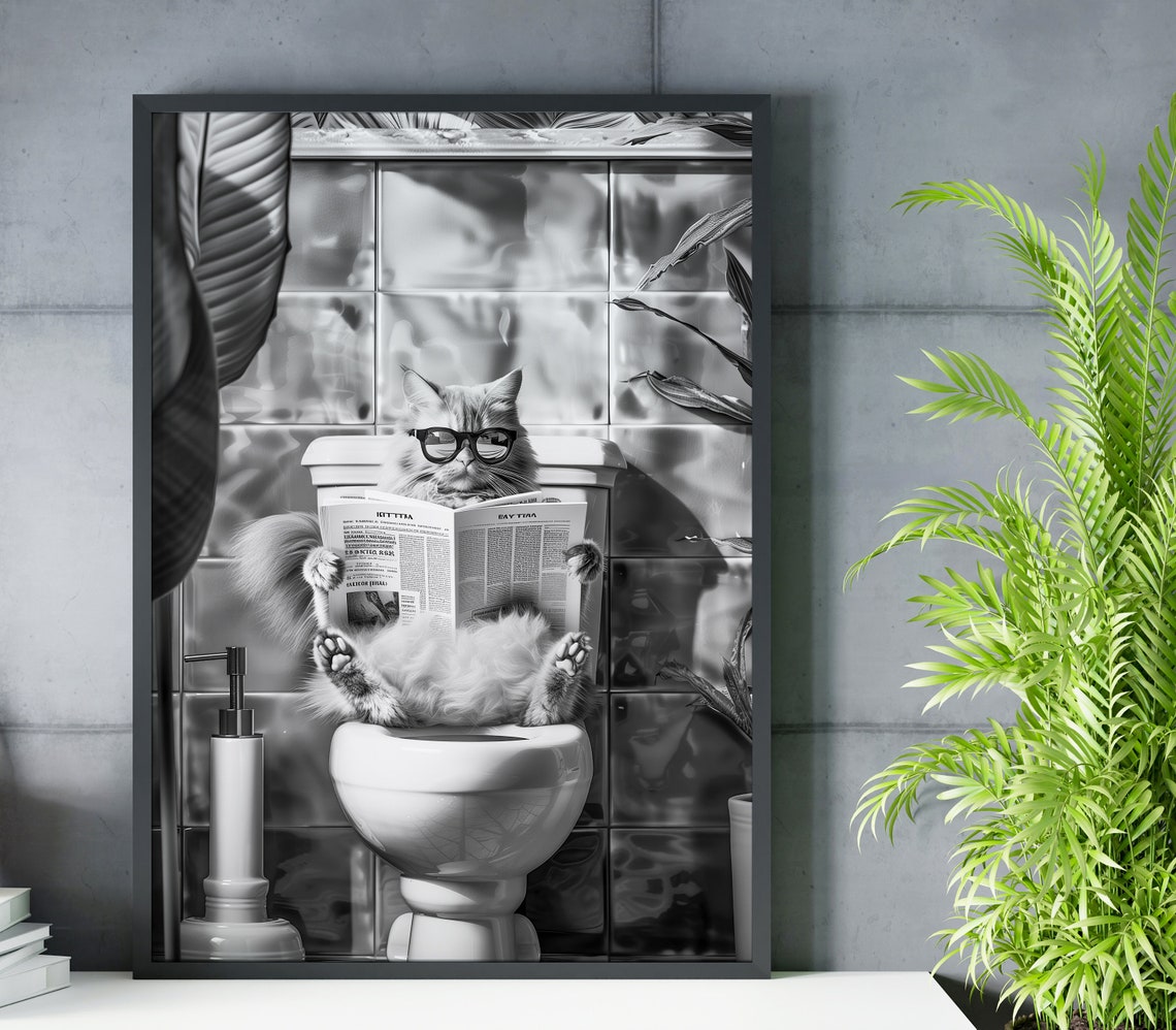 Cat With Glasses Reading On Toilet Black White Bathroom Poster - Image 4
