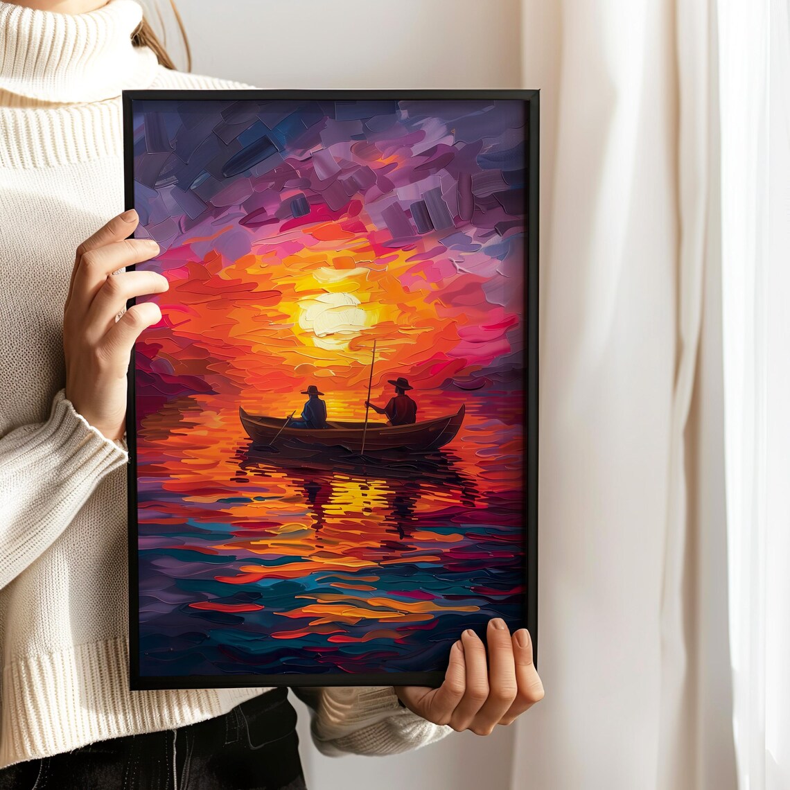 Two Fishermen In A Canoe At Sunset On A Fiery Impasto Ocean Poster - Image 2