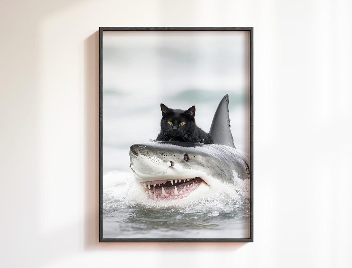 Funny Black Cat Riding A Great White Shark In The Ocean Poster