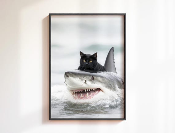 Black Cat On Shark Print Cat Poster Fat Cat Art Funny Cat Print Funny Posters Funny Decor Cat Lover Gift Maximalist Wall Art Dopamine Decor