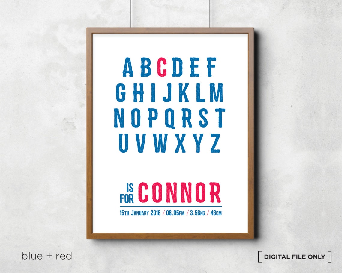 Alphabet Birth Stats Black Red Baby Boy Nursery Decor Wall Art - Image 3