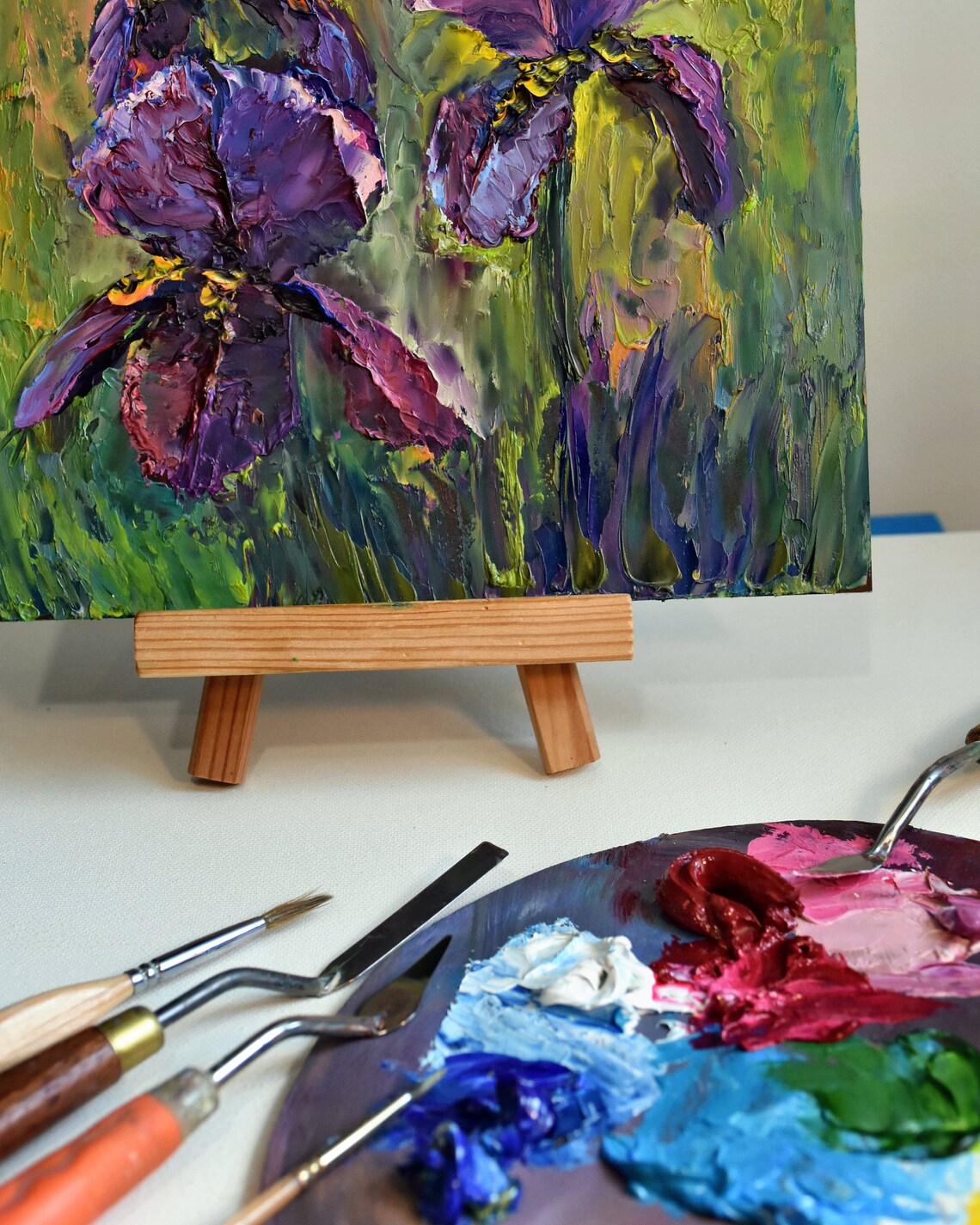 Purple Iris Blooms Green Garden Impasto Oil Painting Floral Poster - Image 3