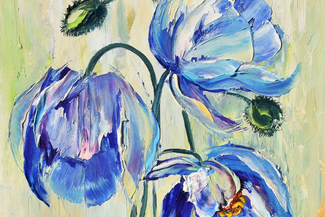 Blue Poppies Painting Poppy Oil Painting Landscape Painting Blue Flowers Art Floral Original Art Poppies Impasto Flower Artwork Original Art - Image 4
