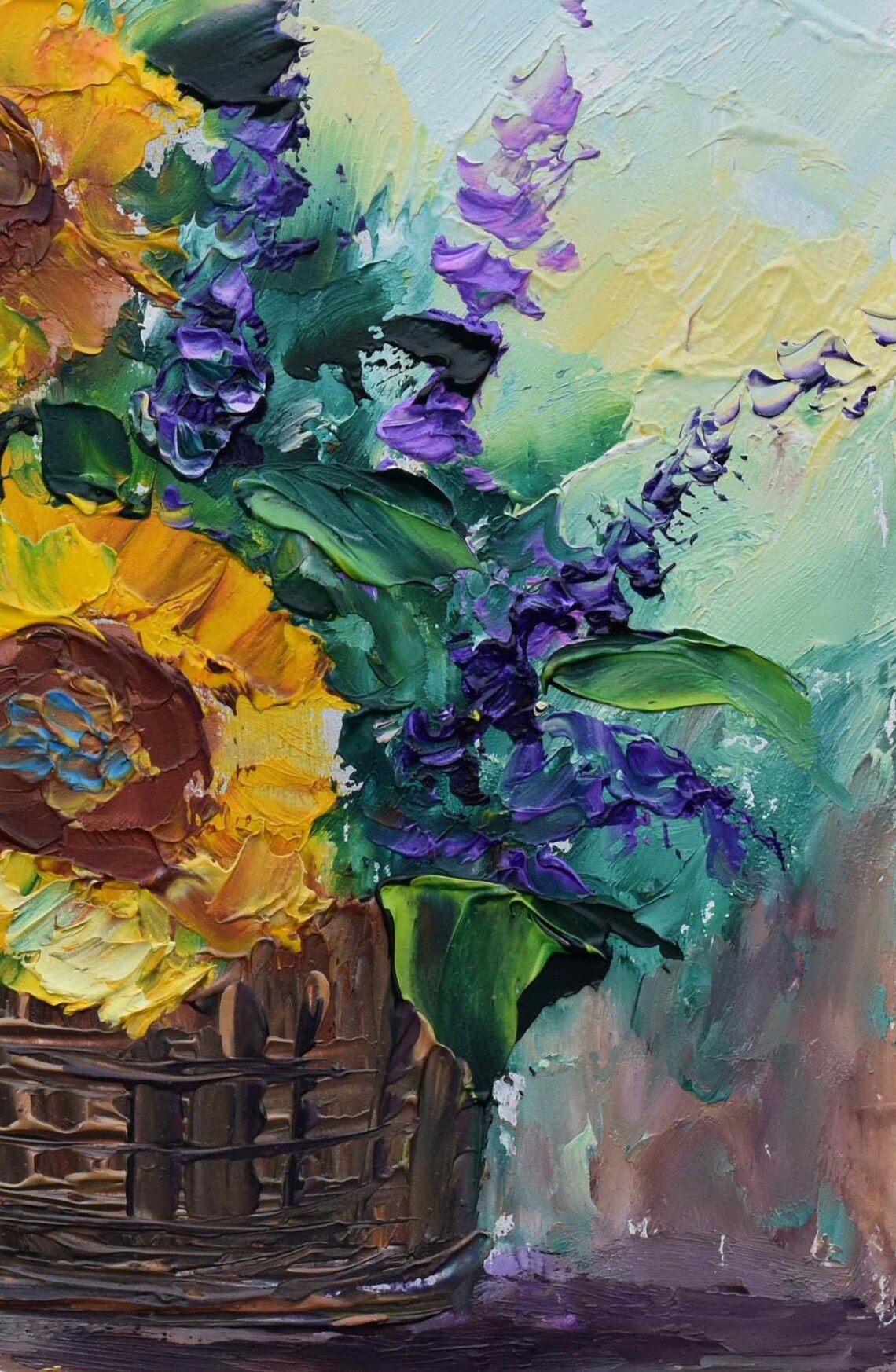 Sunflowers Bouquet In Woven Basket Rustic Floral Oil Art Poster - Image 2