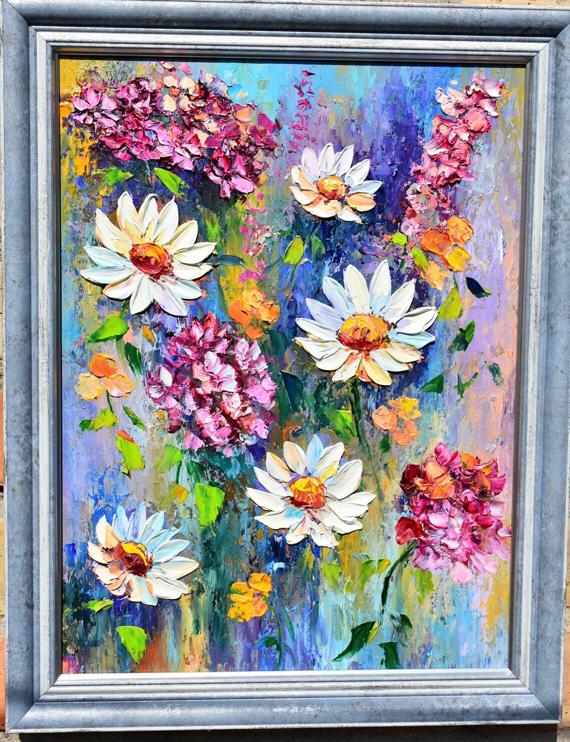 White Daisies Pink Phlox Colorful Impasto Meadow Floral Oil Wall Art - Image 2
