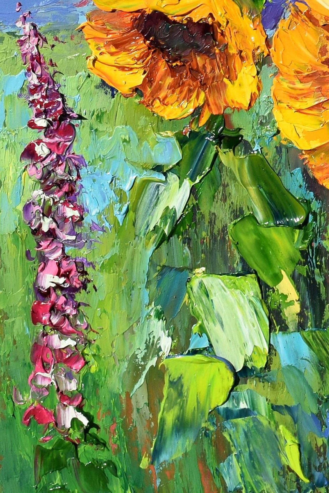 Sunflowers Floral Landscape Painting Sunflower Art Impasto Oil Painting Palette Knife Art Orange Flower Art Meadow Painting Yellow Flower - Image 4