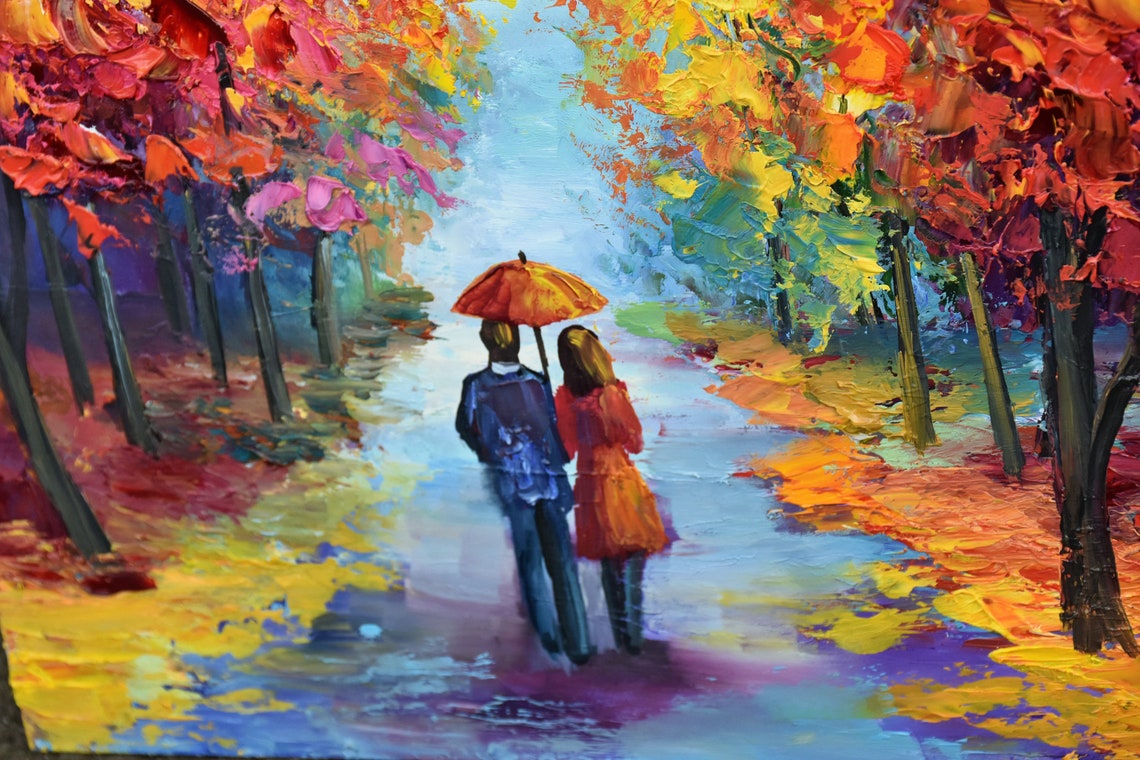 Autumn Painting Landscape Painting Park Painting Umbrella Art Painting People Red Umbrella Art Urban Painting In Love Art Romantic Landscape - Image 5