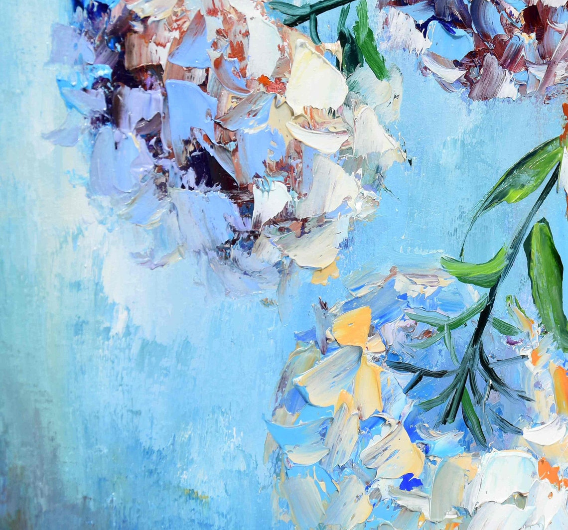 White Hydrangea Blossoms Glass Vase Soft Blue Impasto Painting Poster - Image 3