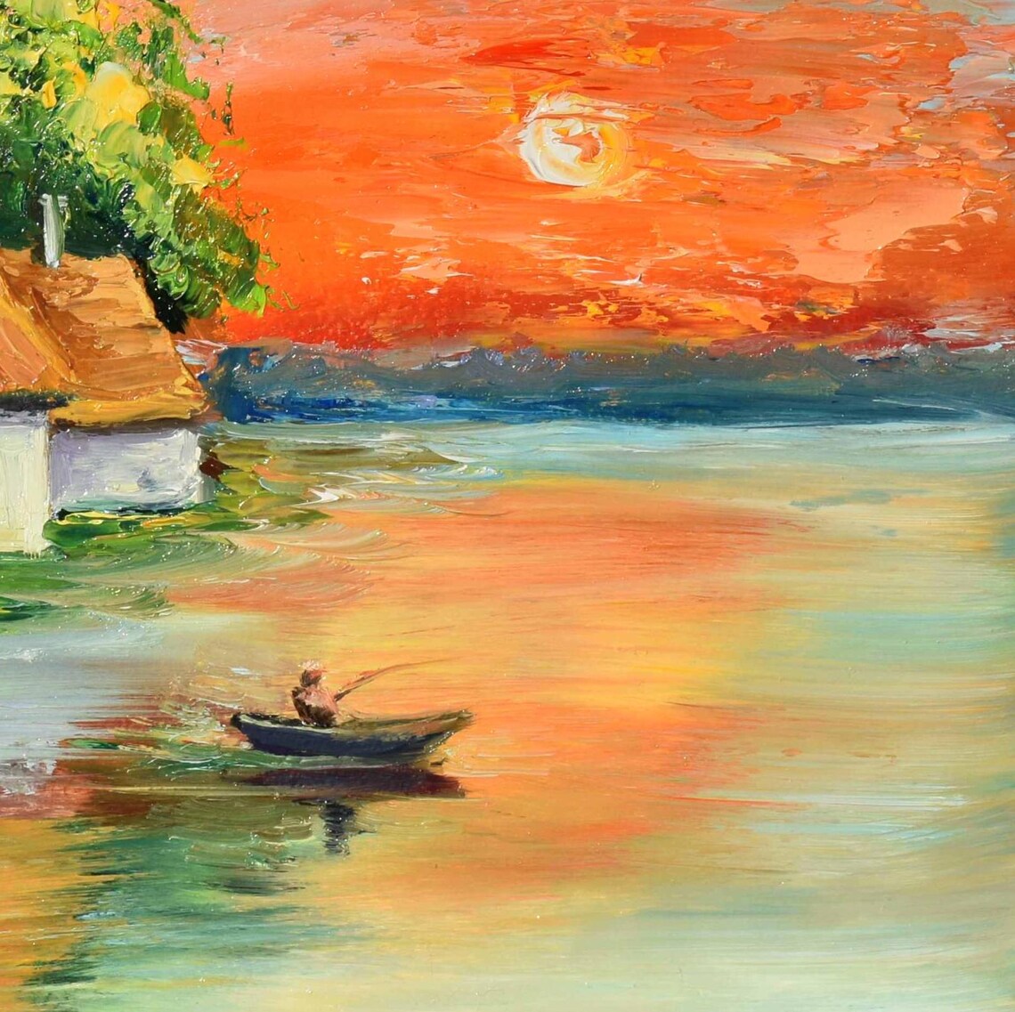 Fisherman In Boat On Lake At Orange Sunset Evening Art Poster - Image 3