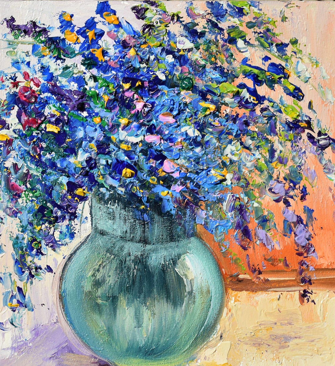 Painting Blue Flower Art Original Painting Wildflowers Painting Small Oil Painting Floral Still Life Painting For Kitchen Flower Small Art - Image 4