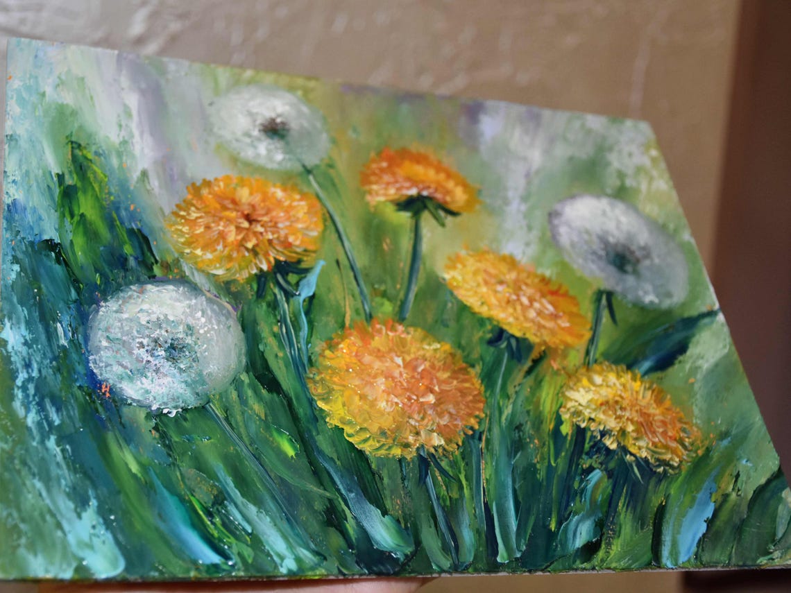Dandelions Art Dandelions Painting Spring Flowers Art Meadow Wall Art Flower Oil Painting Painting In Oil Painting For Her Impasto Painting - Image 3