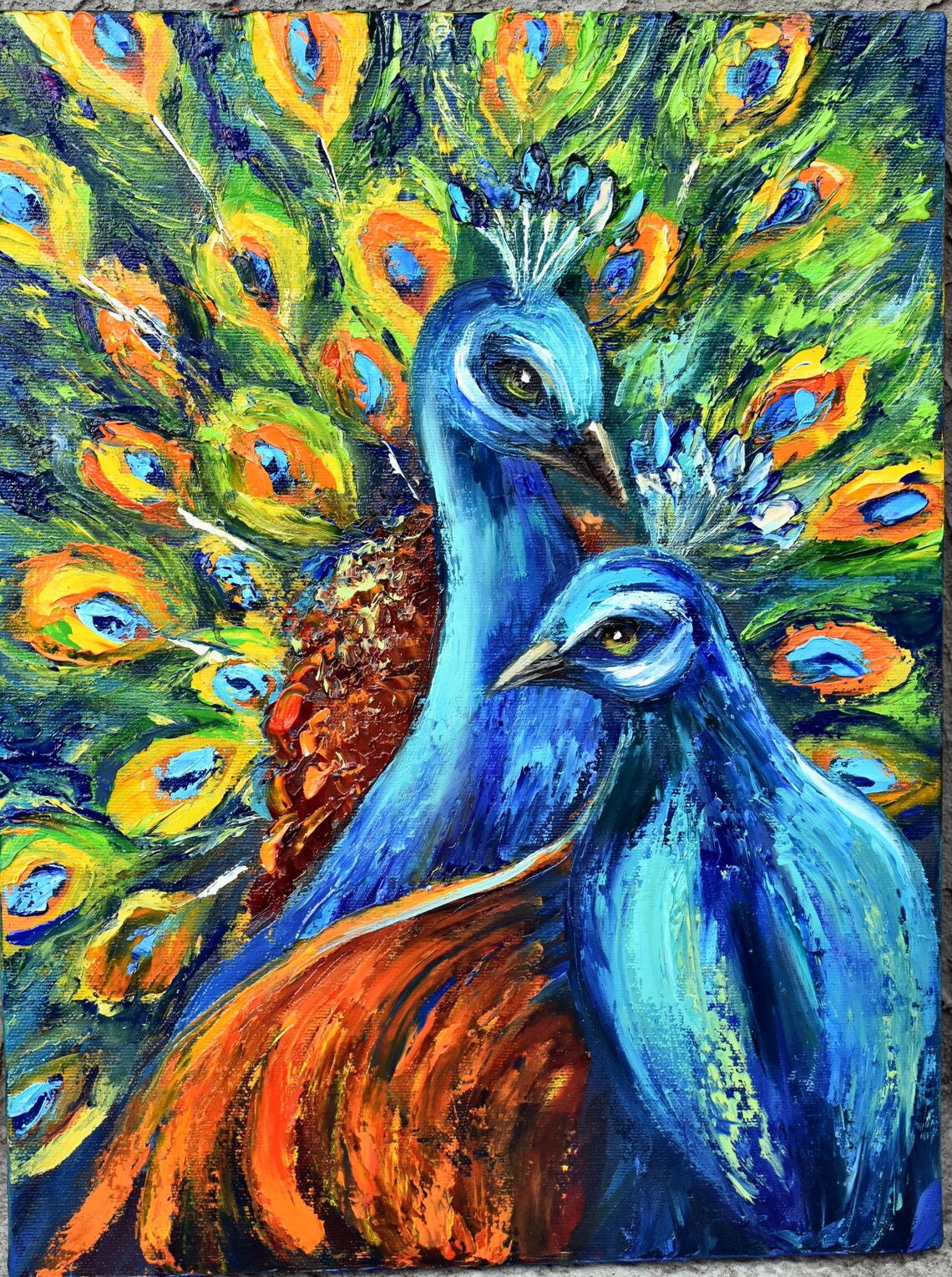 Vibrant Peacock Pair Feather Display Impasto Oil Painting Bird Poster - Image 5