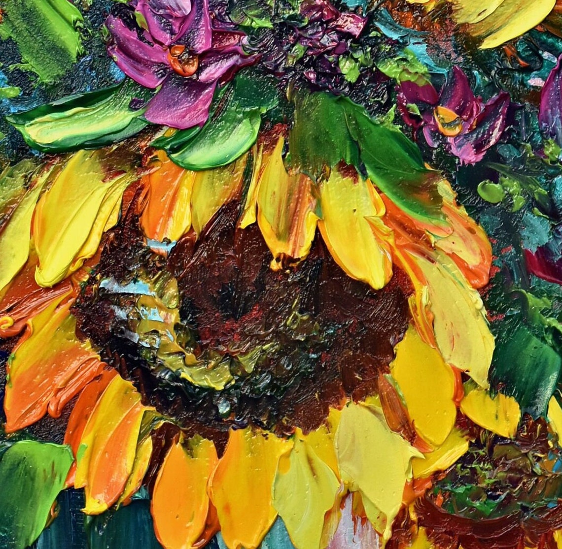 Sunflowers Flowers Sunflowers Art Original Oil Art Sunflower Wall Art Yellow Flower Art Oil Art Textured Blue Wildflowers Art Floral Artwork - Image 2