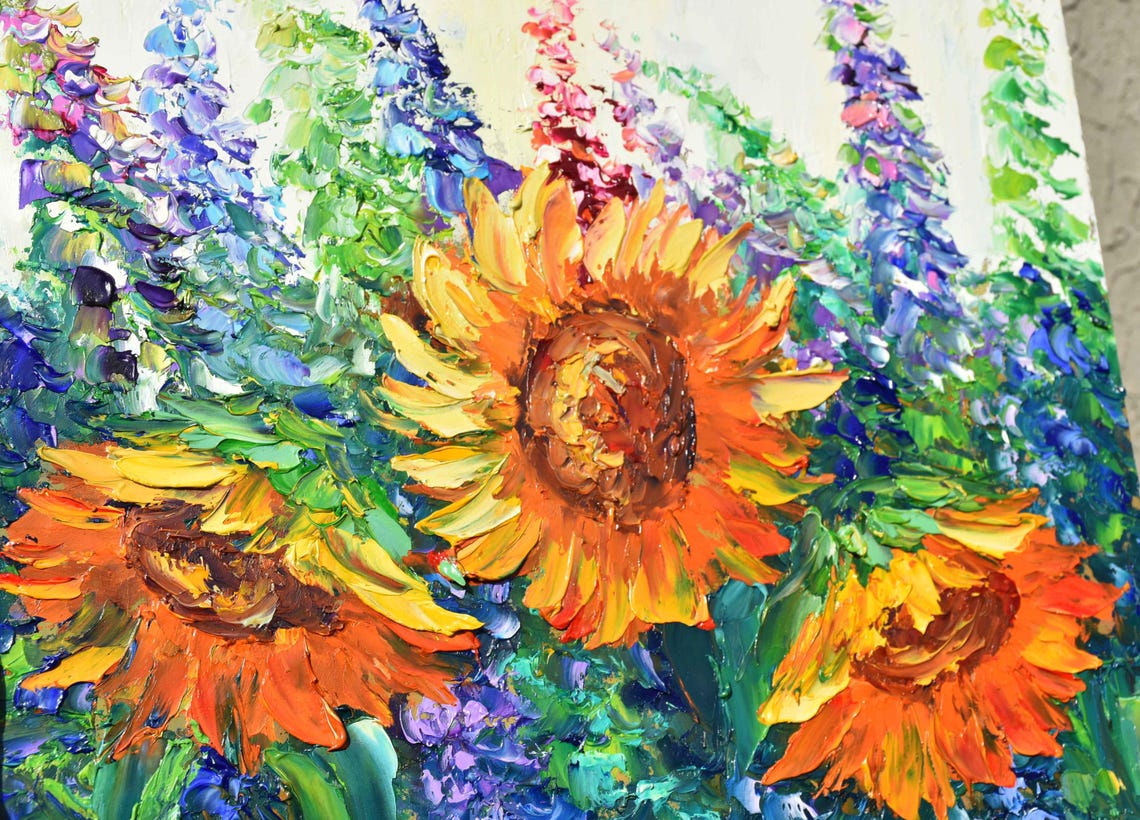Sunflower Painting Landscape Painting Sunflower Art Purple Wildflowers Art Meadow Flowers Art Yellow Flower Art Floral Painting Sunflower - Image 3