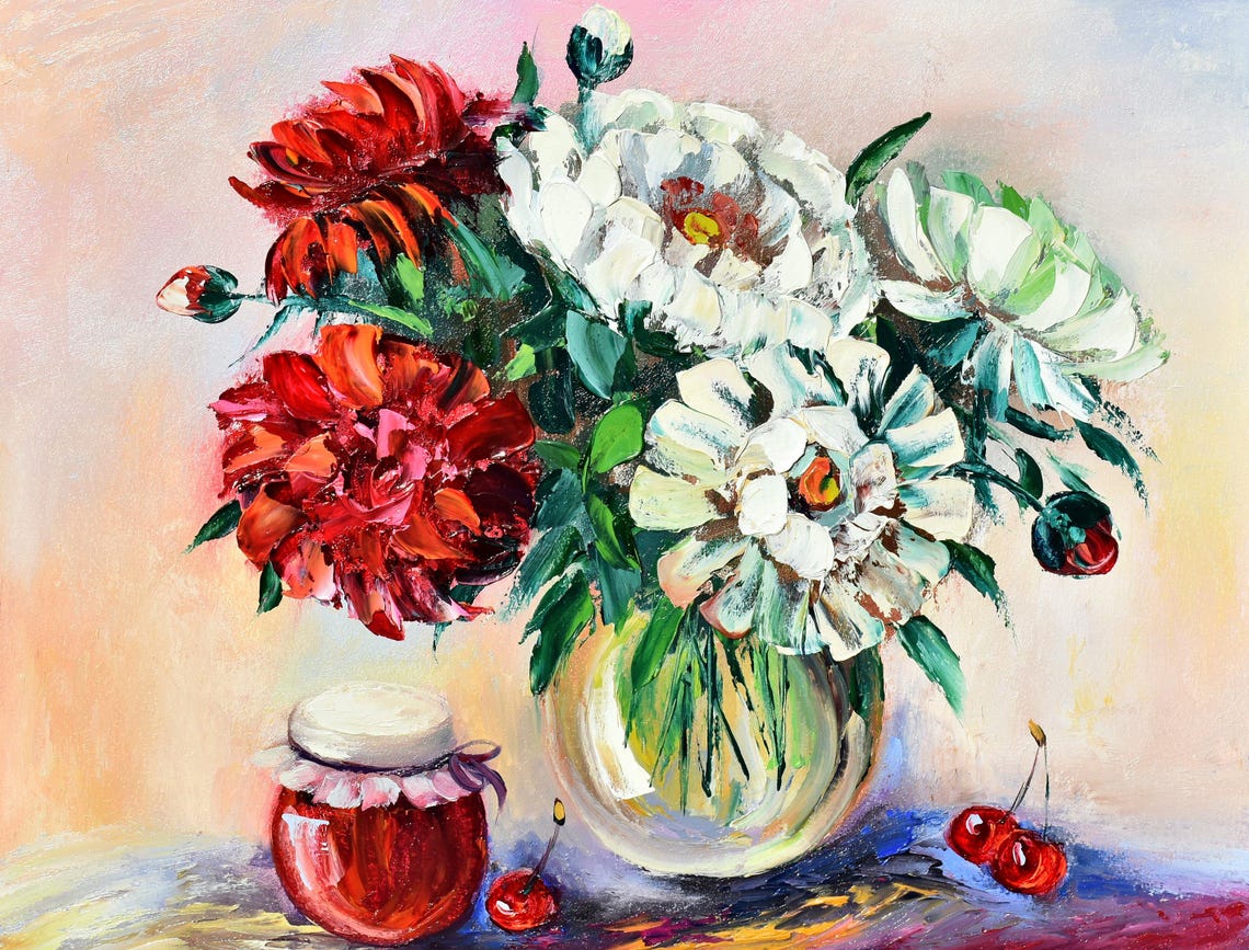 Pink Peonies Art Kitchen Art Food White Peonies Art Peony Oil Painting Palette Knife Art Peony Painting Peony Flower Art Pink Peony Flower