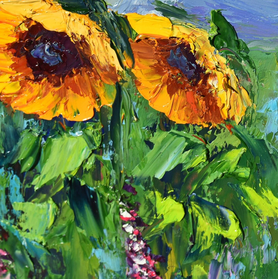 Sunflowers Floral Landscape Painting Sunflower Art Impasto Oil Painting Palette Knife Art Orange Flower Art Meadow Painting Yellow Flower - Image 5