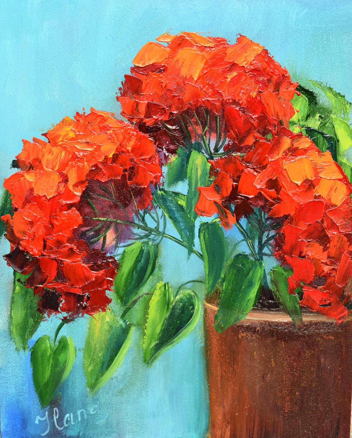 Red Geranium Blooms Terracotta Pot Turquoise Sky Impasto Oil Wall Art - Image 5