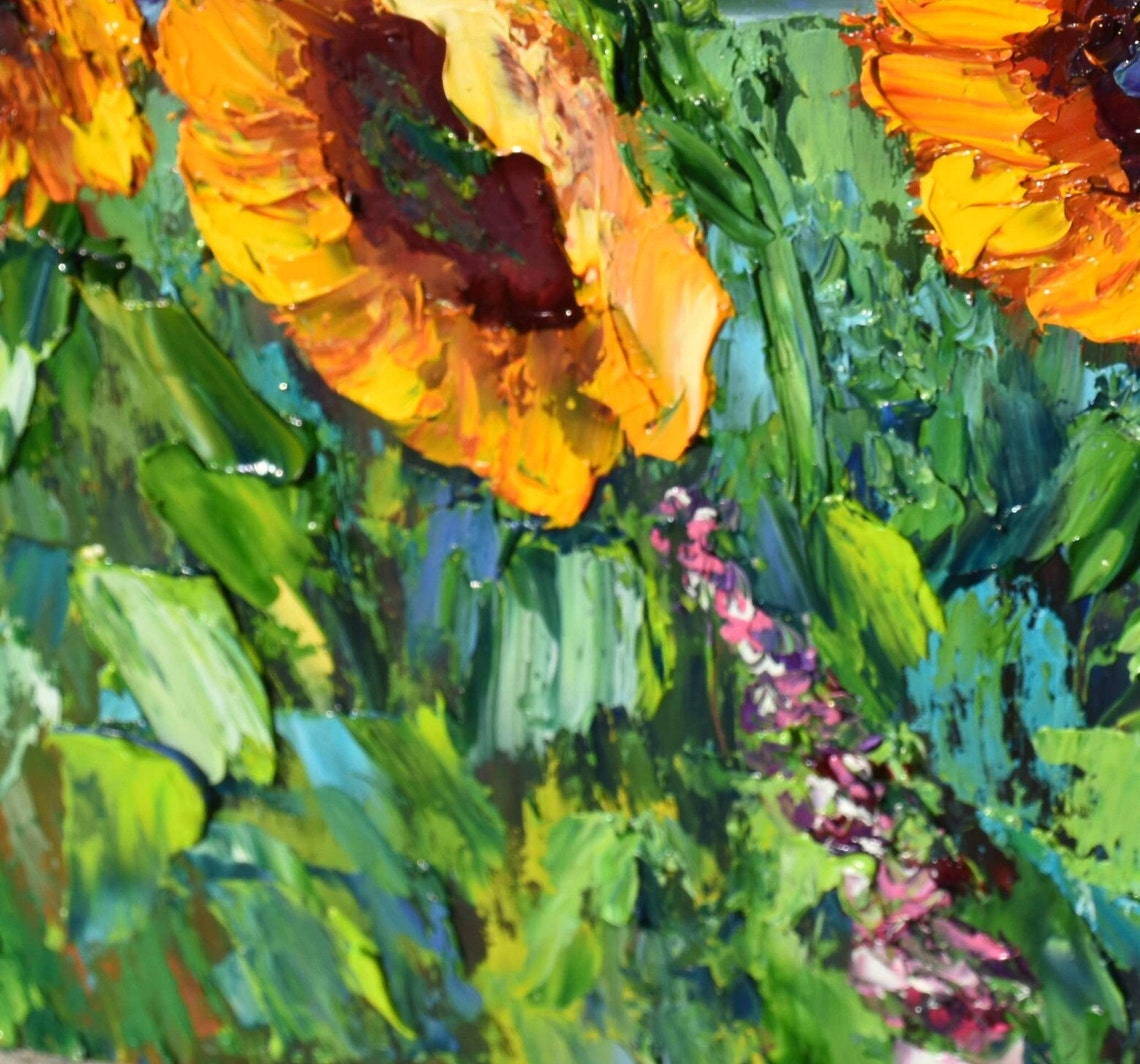 Sunflowers Floral Landscape Painting Sunflower Art Impasto Oil Painting Palette Knife Art Orange Flower Art Meadow Painting Yellow Flower - Image 2