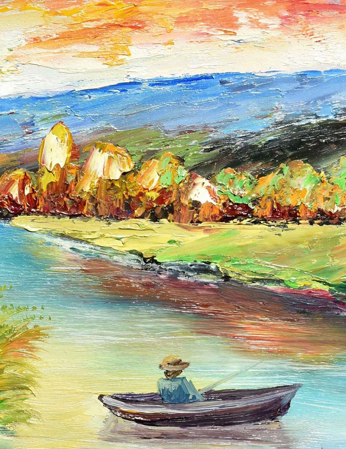 Fisherman Painting Landscape Art Landscape Painting Fisherman Fishing Art Fishing Landscape Fisherman Art Autumn Painting Boat On The Lake - Image 3