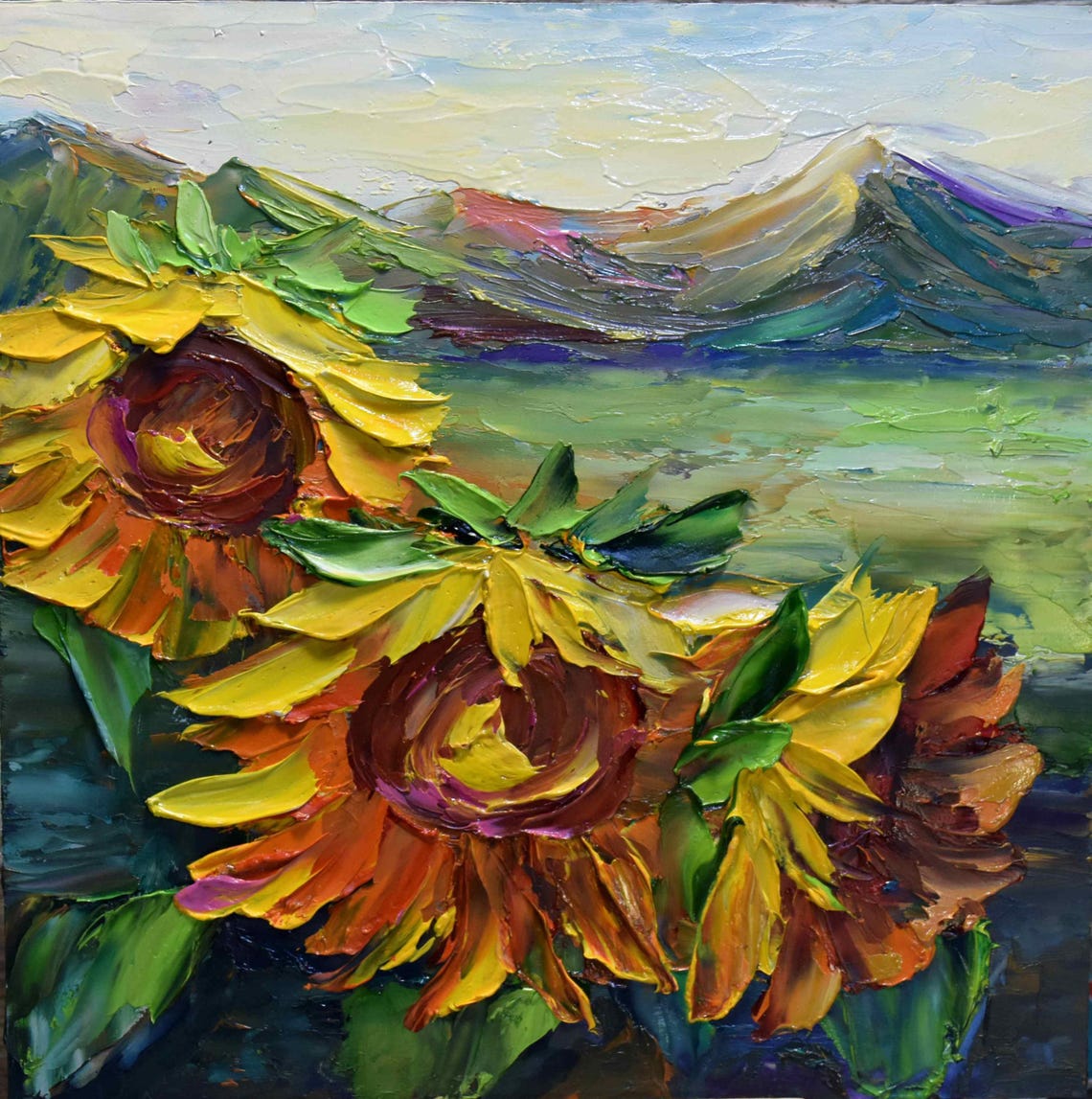 Sunflower Painting Landscape Painting Sunflower Art Meadow Flowers Art Yellow Flower Art Original Art Flower Oil Painting Textured Wall Art