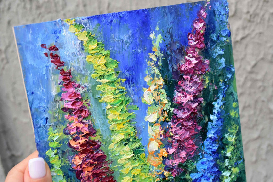 Blue Flowers Wildflowers Oil Art Purple Lupine Art Painting Impasto Painting Floral Artwork Miniature Painting Textured Wall Art Painting - Image 5