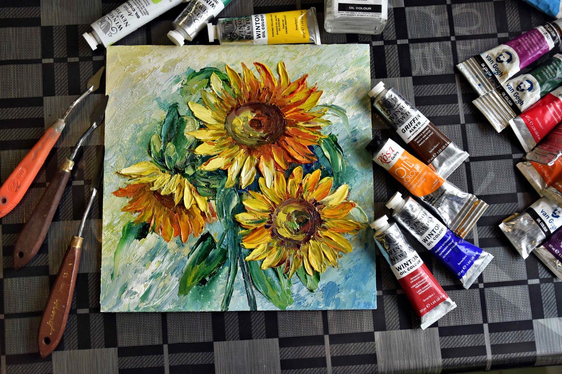 Three Sunflowers Close Up Golden Bloom Floral Oil Art Poster - Image 2
