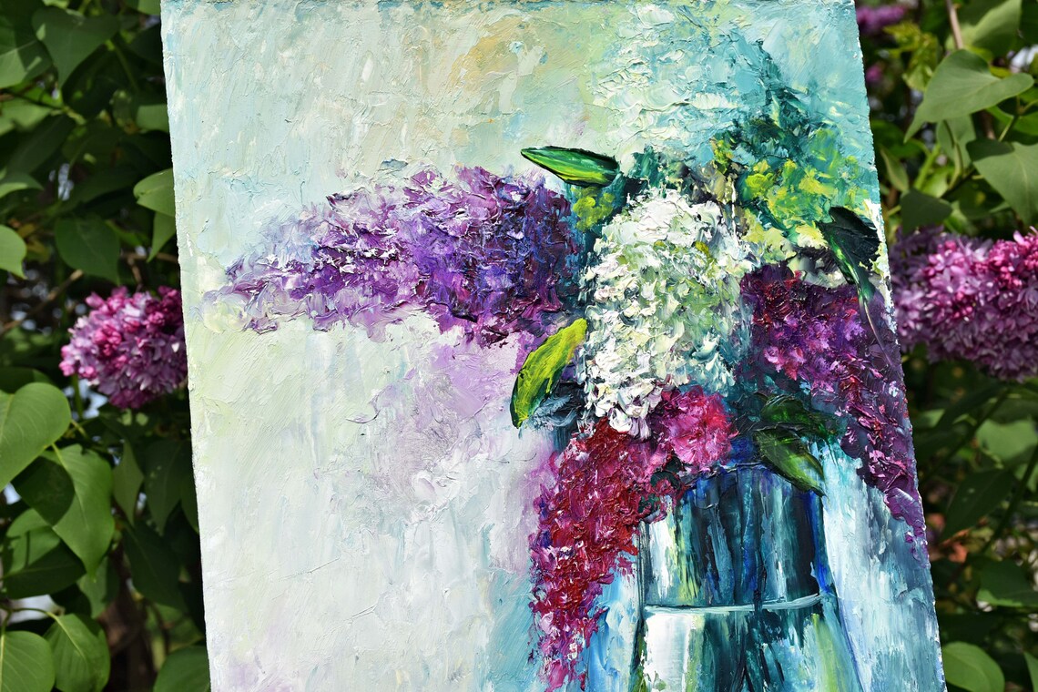 Lilac Blossoms In Glass Vase Purple Floral Oil Painting Wall Poster - Image 4