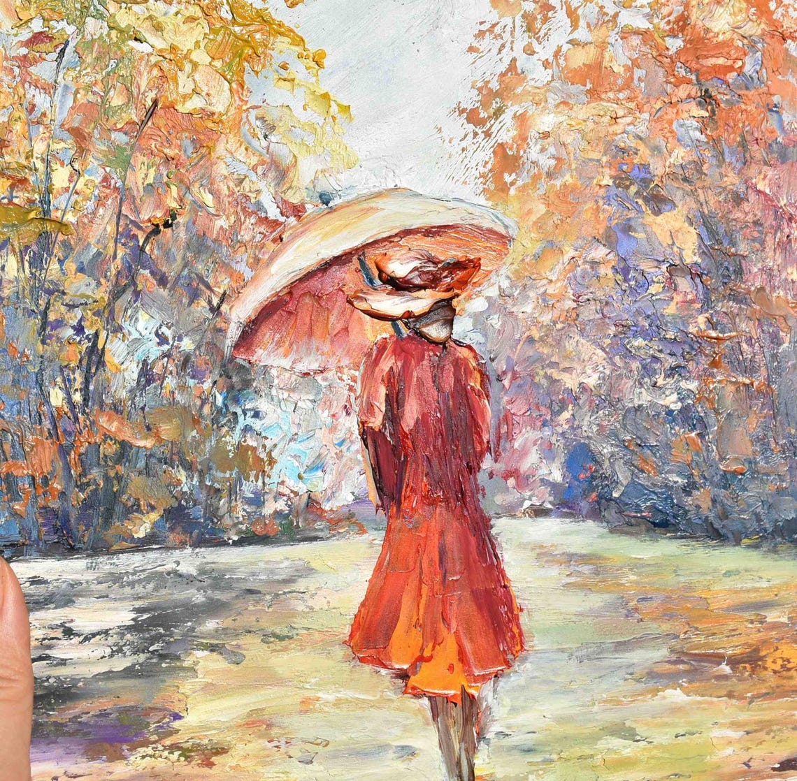 Girl With Umbrella Painting Autumn Landscape Painting Umbrella Art Painting Street Painting Girl Painting City Landscape Art Girl In A Red - Image 3