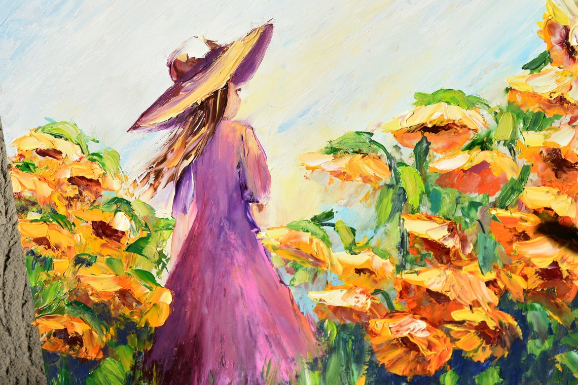 Summer Landscape Girl With Flower Art Landscape Painting Sunflower Painting Woman Painting Landscape Flowers Impasto Oil Painting Sunflowers - Image 5