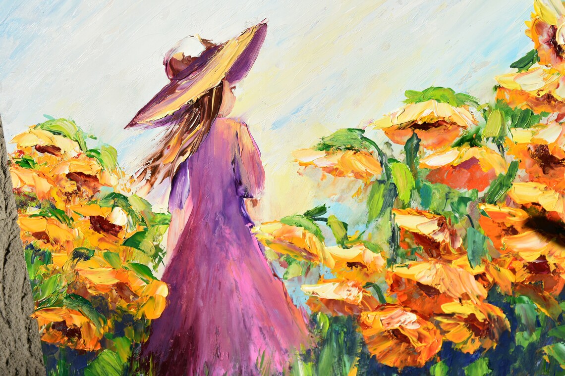 Woman In Purple Dress Walking Sunflower Field Oil Art Poster - Image 5