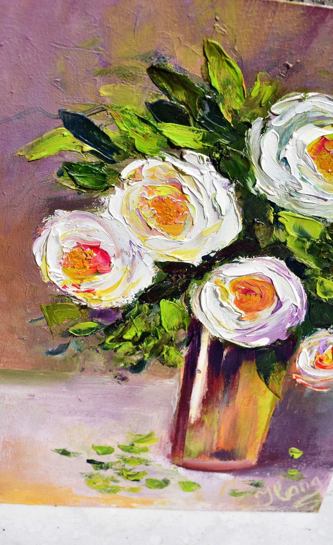 White Roses Orange Centers Glass Vase Impasto Still Life Oil Poster - Image 3