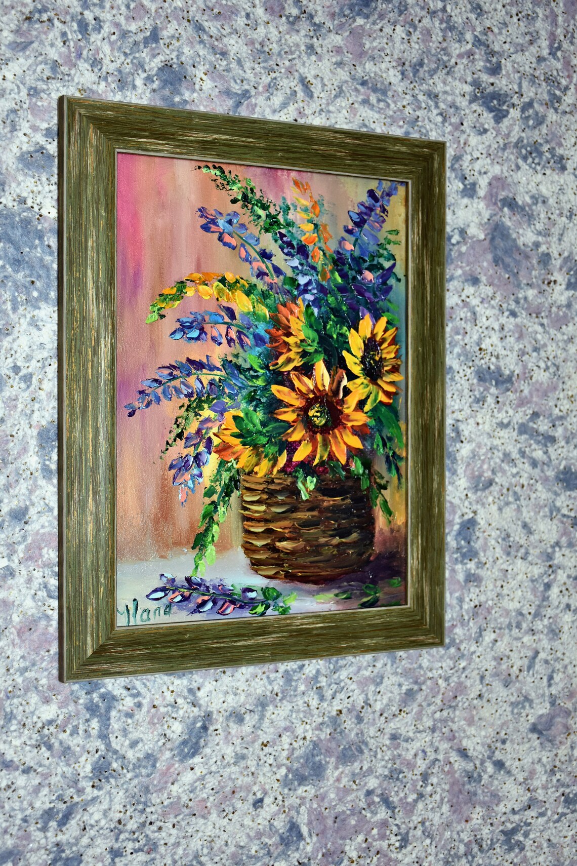 Sunflower Wicker Basket Blue Bloom Bouquet Warm Floral Painting Poster - Image 2