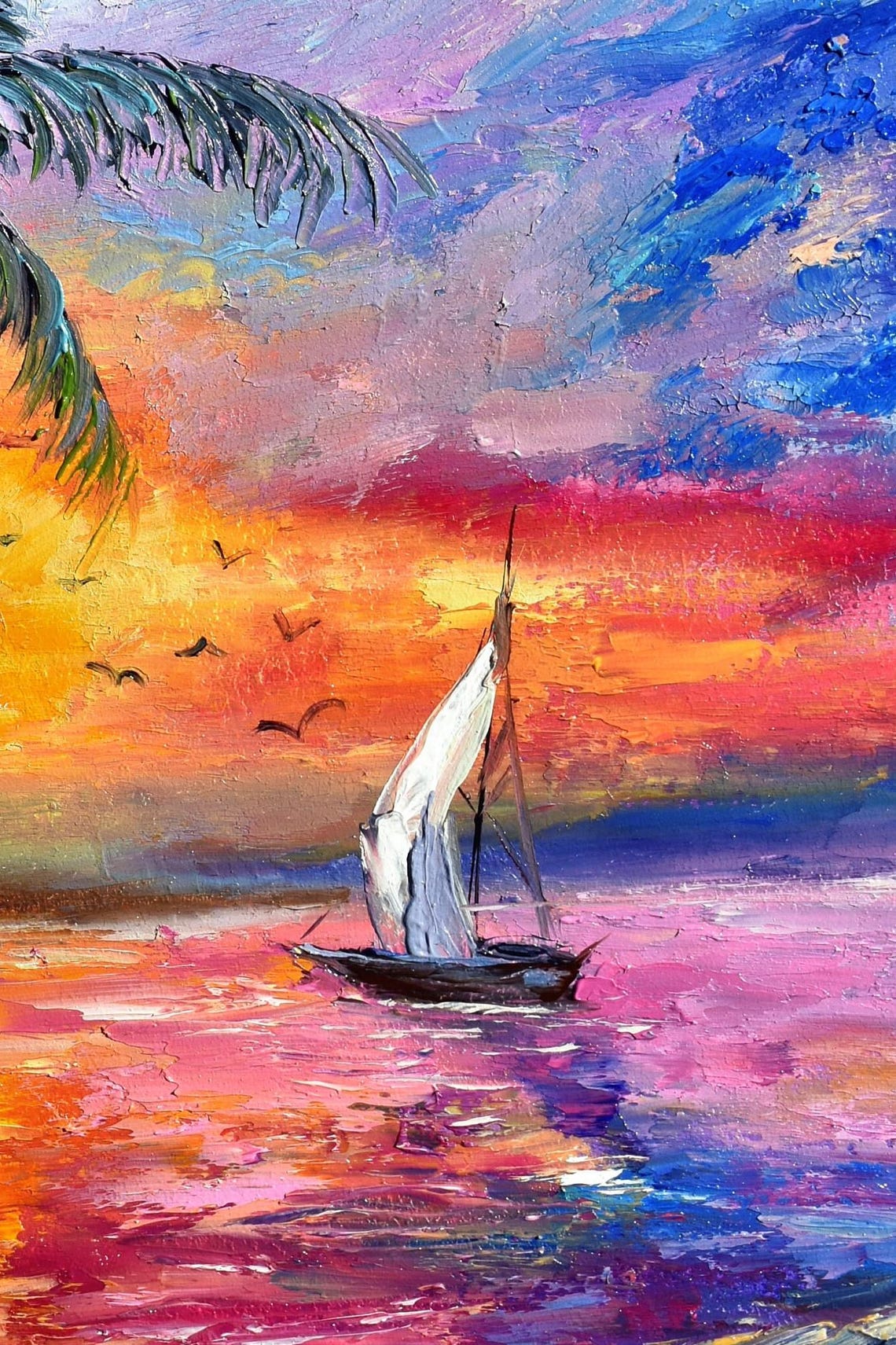 Painting Sea Summer Oil Painting Blue Ocean Painting Landscape Sea Colorful Sunset Coastal Art Sunset Landscape Palette Knife Paintings - Image 5